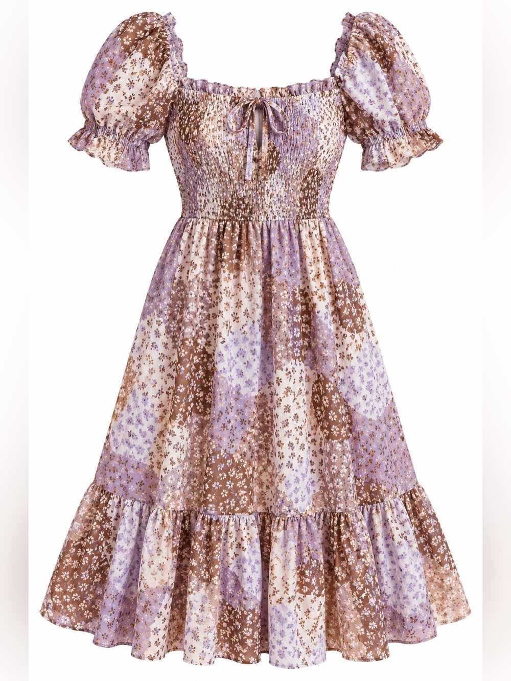 Blush Lavender & Brown Floral Puff Sleeve Midi Dress